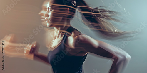 motion blurred sportswoman running and doing strength training in a studio, blue background, time-lapse action shot