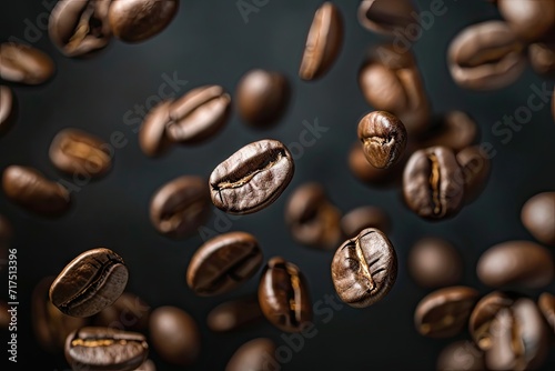 Coffee beans flying on a dark backdrop