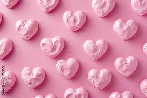 Plasticine hearts handmade and arranged in a pattern on a pink background a 3D artwork
