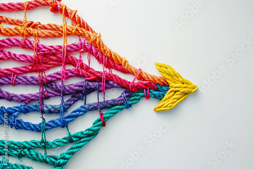 A group of colorful ropes coming together to form a direction arrow. Teamwork concept photo