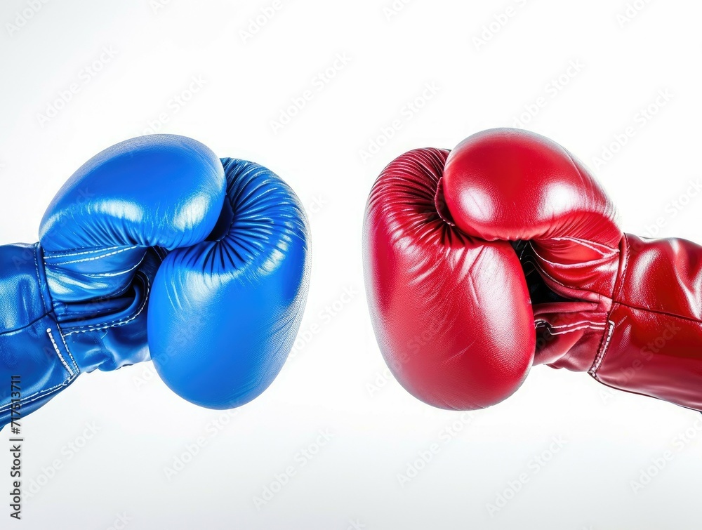 Blue and red boxing gloves collide in a kick representing business and destruction on a white background with copy space