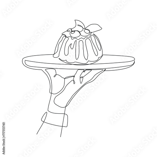 Continuous single line sketch drawing of hand holding food tray panna cotta pudding jelly italian. One line art of dessert food snack meal food vector illustration