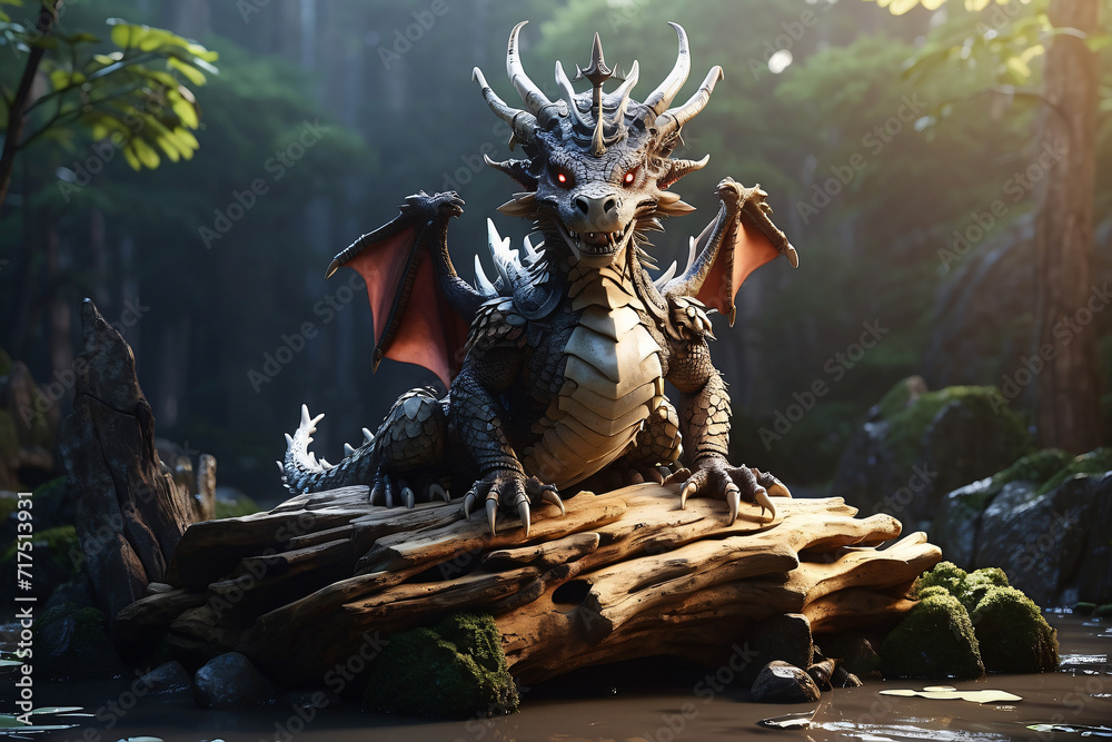 Obraz premium A mighty dragon sits on a rock