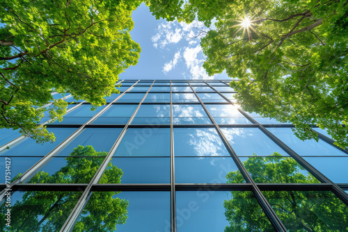 Sustainable green building. Eco-friendly building. Sustainable glass building with vertical garden reducing carbon dioxide. Green architecture. Green environment. Sustainable lifestyle