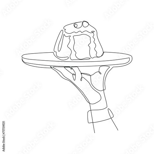 Continuous single line sketch drawing of hand holding food tray panna cotta pudding jelly italian. One line art of dessert food snack meal food vector illustration