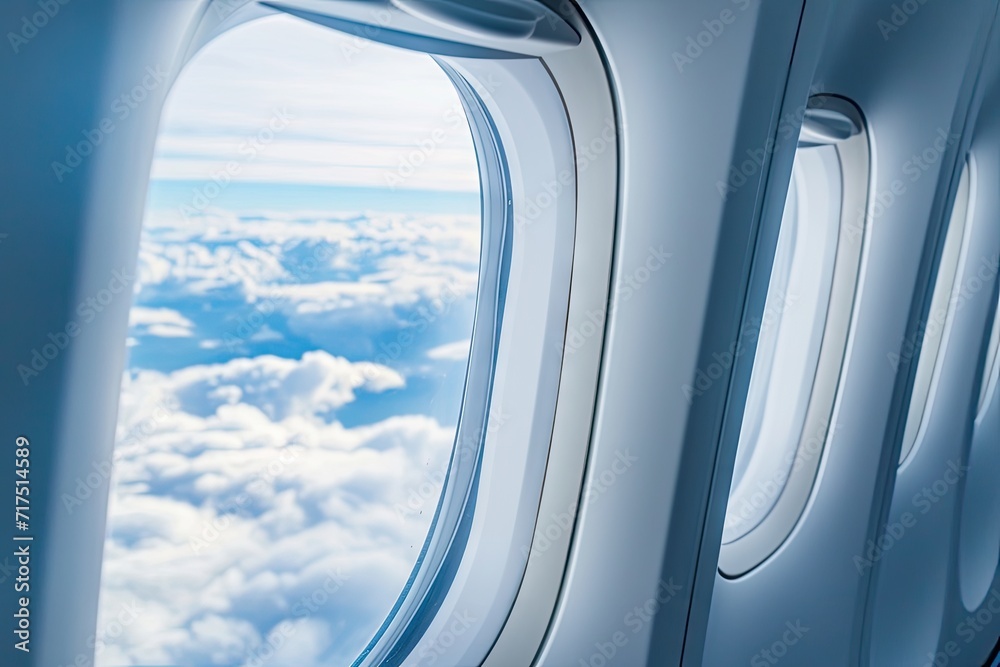 Naklejka premium Group of airplane windows with cloudy sky background