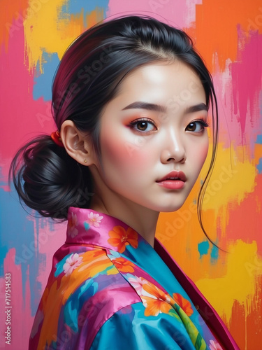 Modern art portrait of a beautiful Chinese girl fashionable and a colorful brush background