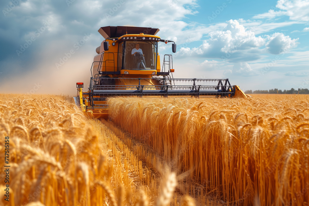 Obraz premium Combine harvester harvesting golden ripe wheat in field. Agriculture farm concept.&nbsp;