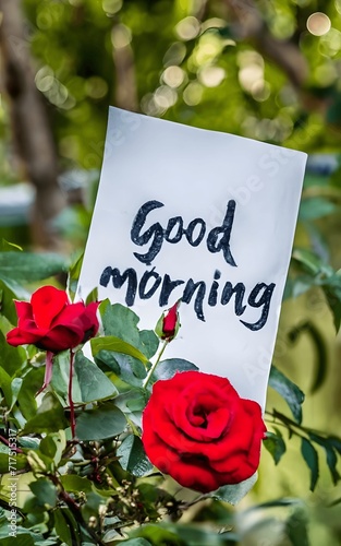 Good Morning Handwritten Paper with red rose. © devastating99