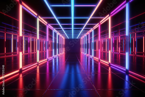a neon corridor with a dark floor and bright neon lights,Abstract neon light geometric background. Glowing neon lines. Empty futuristic stage laser. Colorful rectangular laser lines.