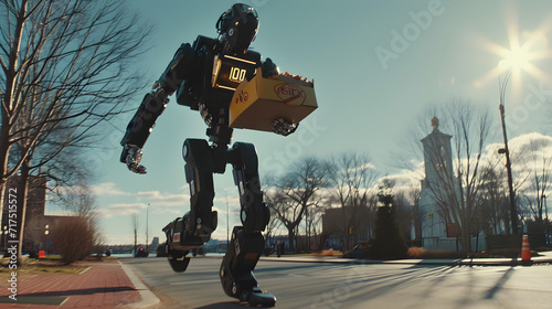 futuristic fast food delivery robot vehicle walking the city streets