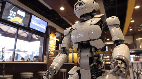 futuristic service robot working in fast food restaurant