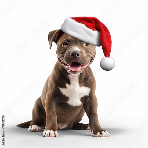 Cute Staffordshire Terrier dog wearing Santa hat on white background 3D Rendering © mr Wajed