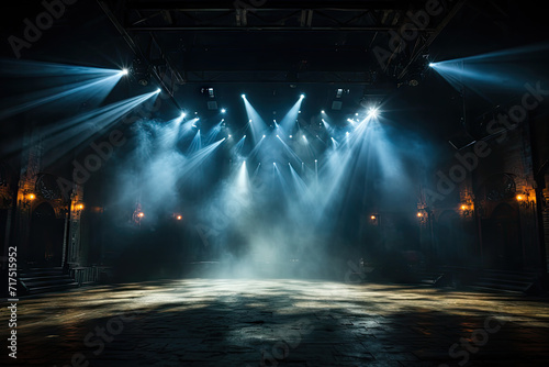 empty stage with black gray spotlights, Artistic performances stage light background with spotlight illuminated the stage for contemporary dance. Empty stage with monochromatic colors lighting 
