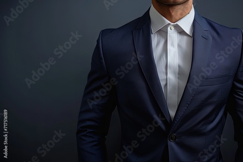 Close up of businessman in suit against dark gray background with space for text