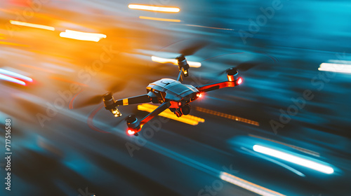 high speed racing drones in action, motion blurred city street photo