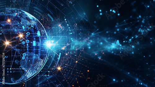 Planet earth is shrouded in neural connections on dark space. An intricate illustration depicting a global network connection, connection future light