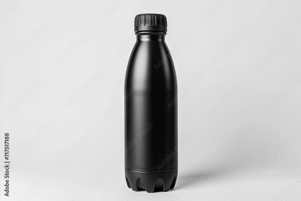 Black plastic water bottle on white background Classic sporty thermal bottle for athletes women men Single Mock up close up