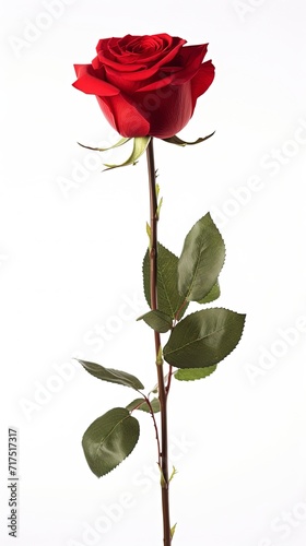 single red rose stem isolated on white background with generative ai