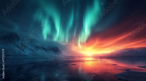 A tranquil scene with the aurora borealis over icy terrain at twilight, with hints of sunrise, AI generated © Rajesh
