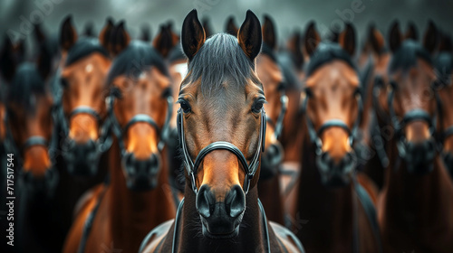 Fotografia single horse in focus stands in front of a group of horses, all looking at the c
