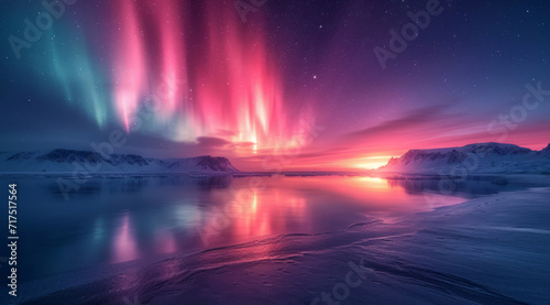 A tranquil arctic sunset with reflections on the ice, intensified by a striking aurora borealis display,AI generated