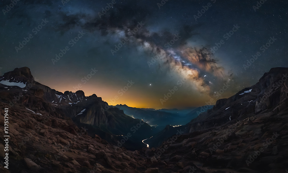 Milky Way over the mountains with a starry sky in the background, Generative AI