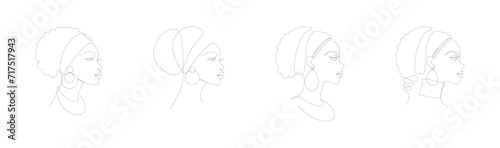 Cute African women in profile isolated on a white background. Black outline. Side view. Abstract female portrait in trendy line art drawing. Set of minimalist vector illustration for poster and print