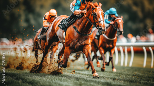 Racehorses with jockeys are running fast on a racetrack, kicking up dirt, with a focus on the leading horse © weerasak