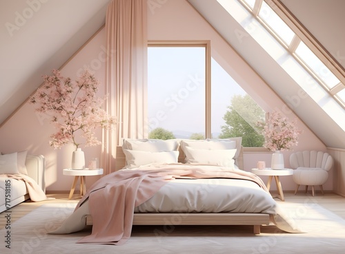A cozy bedroom with pink walls, a white bed with a pink comforter and pillows, a white dresser and mirror, and a plant on the nightstand. The room has a white rug on the floor and a large window