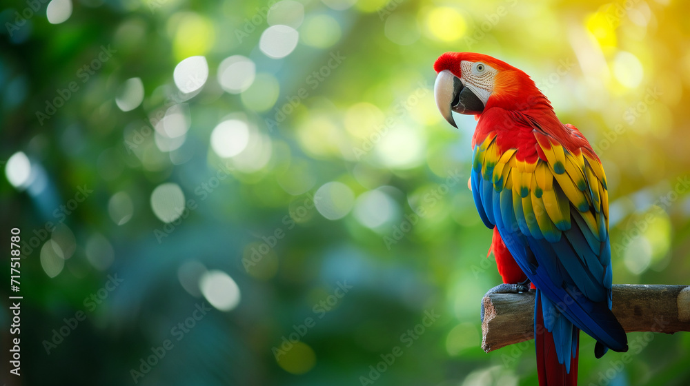 colorful parrot sits on a branch, with a green blurred background creating a calm, natural setting colorful parrot sits on a branch, with a green blurred background creating a calm, natural setting