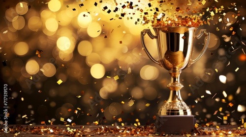 Golden trophy cup with confetti on bokeh background