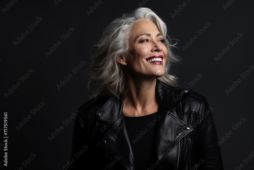 Portrait of a happy senior woman in leather jacket on dark background