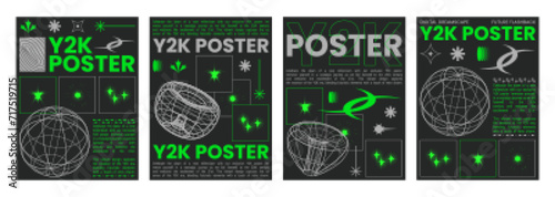 Y2k aesthetic techno banners set. Vector realistic illustration of retrowave style posters with green wireframe torus and planet on black background, text frame collage, retro futuristic vibe flyers