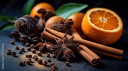 Fresh Orange Slices and Aromatic Spices on a Rustic Wooden Background