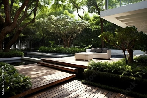 Elegant contemporary outdoor design amidst greenery. Generative AI © Maxim