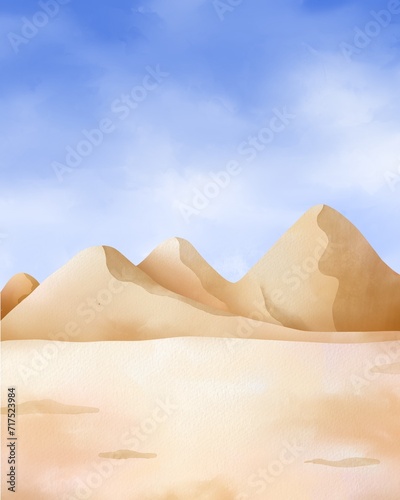 Hand drawing sand dunes in the desert. Watercolor dessert landscape background illustration suitable for decoration, greeting card, invitation