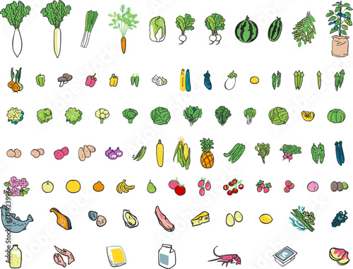 野菜、魚介類や加工肉など食材　セット　イラスト素材
