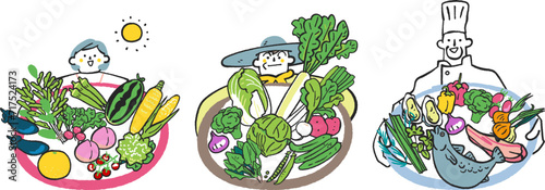 美味しそうな野菜や食材と女性、農夫、シェフ　セット　イラスト素材	
