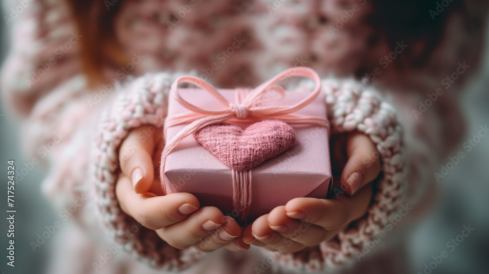 Young woman's hand holding a pink gift box with a pink heart. Young woman's hand holding a pink gift box with a pink heart.