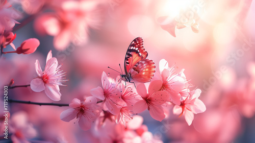 A butterfly is flying on a pink cherry blossom in spring.
