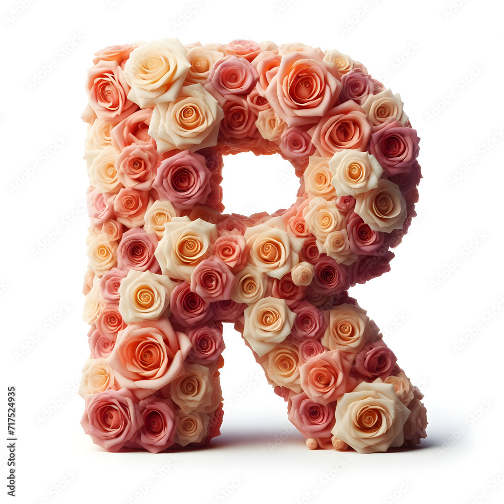 The letter R is made out of rose flowers, the Rose Alphabet, and Valentine Designs, on a White background, isolated on white, photorealistic	