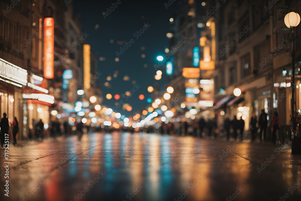 Blurred city at night with bokeh lights and people walking