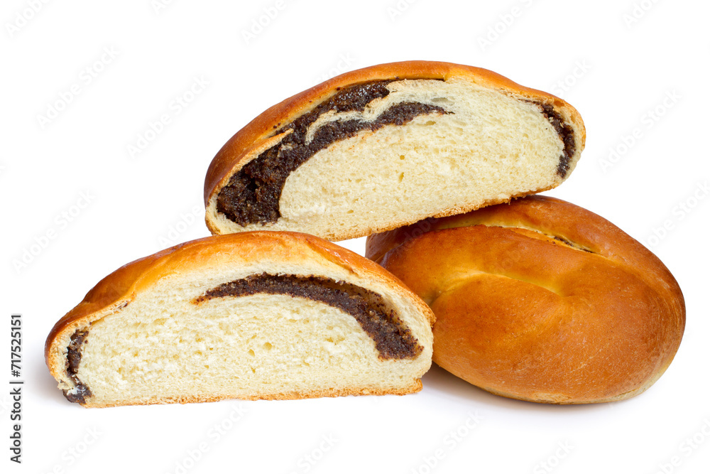 Sliced sweet bun with poppy seeds on white background. Stuffed bun. Halves of buns isolated. Sliced sweet bun with poppy seeds on white background. Stuffed bun. Halves of buns isolated.