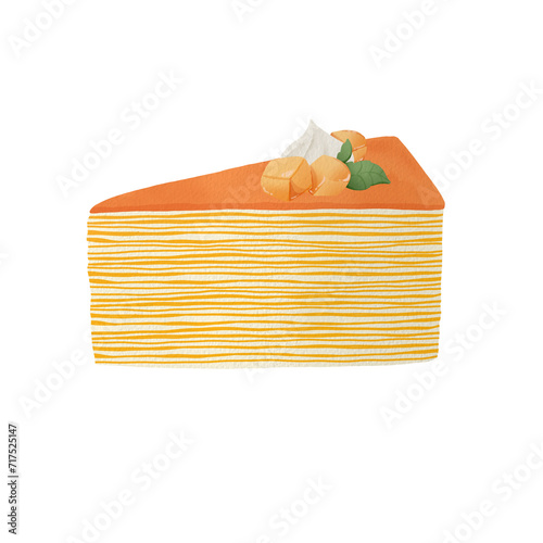 slice of cake. Mango Mille crepe Watercolor illustration suitable for  menu card and stationery