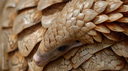 Closeup of the intricate patterns and textures of a pangolins scales as it curls into a ball for selfpreservation.