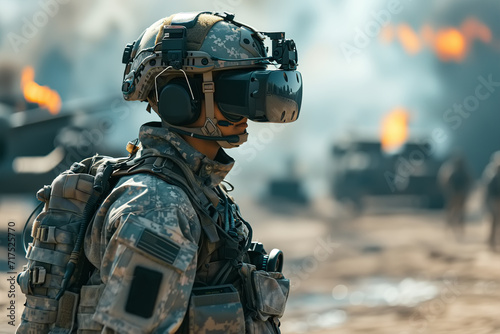 Military soldier using technology while standing on the battlefield, drone control helmet