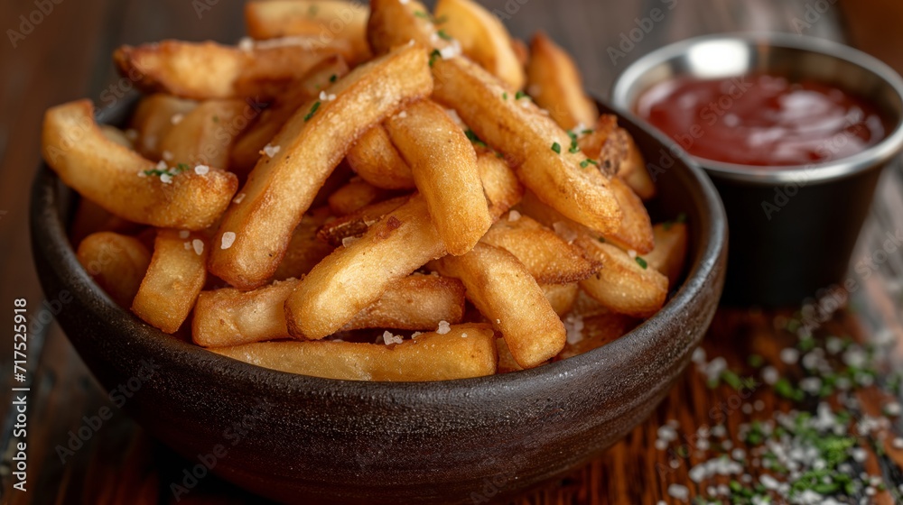 French fries in a bowl with ketchup in stainless cup on wooden table, rustic food styling.