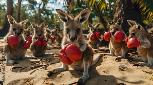 Animal in sport background. Cute baby kangaroos wearing boxing gloves fight each other. Creative character funny pet animal in costume, concept humor greeting card banner fantasy landscape. photo