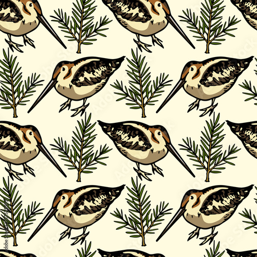 Vector seamless pattern with hand drawn cute snipes in fir-tree laurel. Beautiful animal design elements, ink drawing. Perfect for prints and patterns photo